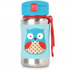 Skip Hop Baby Zoo Little Kid and Toddler Feeding Travel-To-Go Insulated Stainless Steel Straw Bottle, 12 oz, Multi Otis Owl