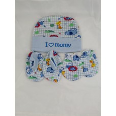 KIDS COLLECTION EXCLUSIVE BABY CAP BOOTY MITTENS SET (I LOVE MOMY) BLUE 001004